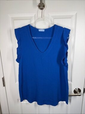 Made in Italy royal blue ruffle sleeveless v neck muslin gauzy cotton top